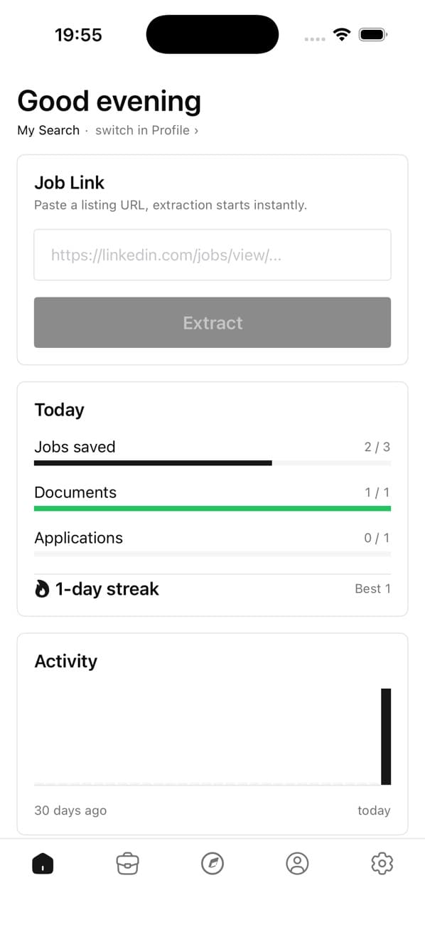 FitCV home screen with job link import, daily goals, and activity